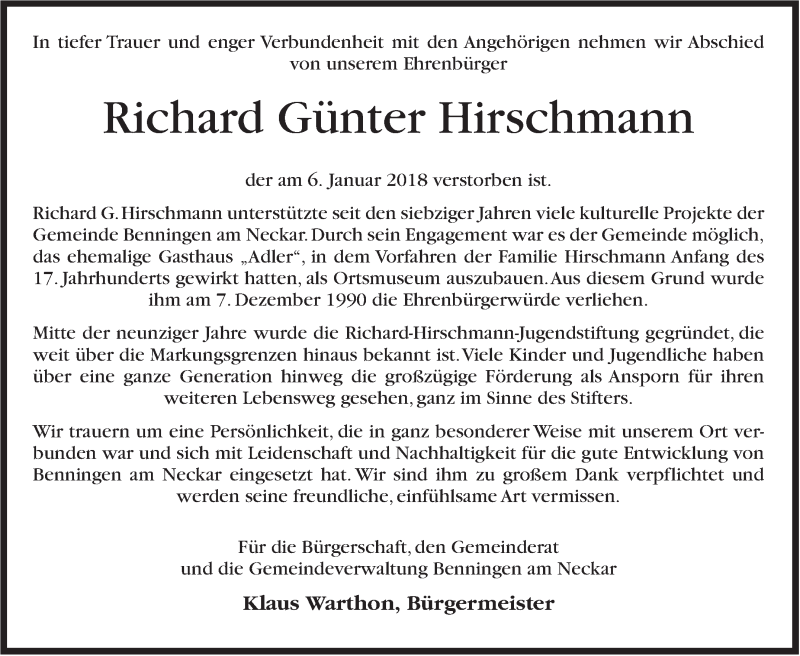  Traueranzeige für Richard Günter Hirschmann vom 12.01.2018 aus Marbacher Zeitung