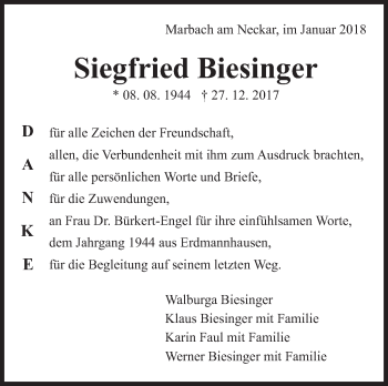 Traueranzeige von Siegfried Biesinger von Marbacher Zeitung