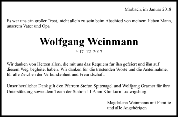 Traueranzeige von Wolfgang Weinmann von Marbacher Zeitung