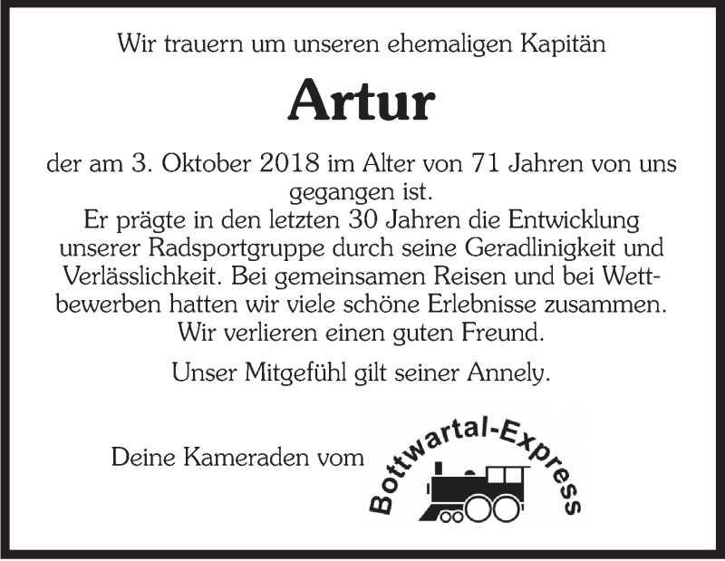  Traueranzeige für Artur  vom 10.10.2018 aus Marbacher Zeitung