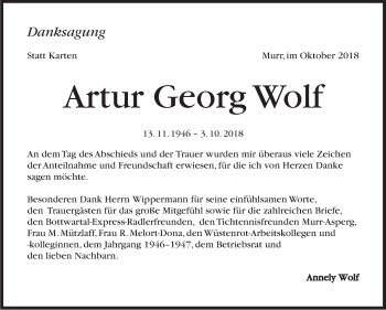 Traueranzeige von Artur Georg Wolf von Marbacher Zeitung