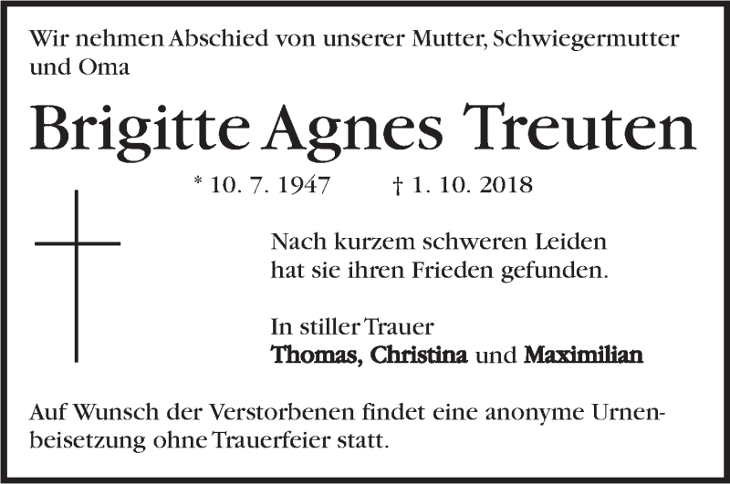  Traueranzeige für Brigitte Agnes Treuten vom 06.10.2018 aus Marbacher Zeitung