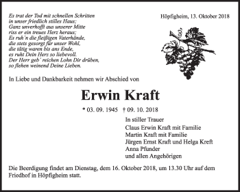 Traueranzeige von Erwin Kraft von Marbacher Zeitung