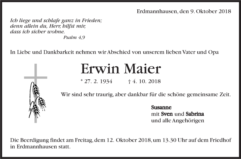  Traueranzeige für Erwin Maier vom 09.10.2018 aus Marbacher Zeitung