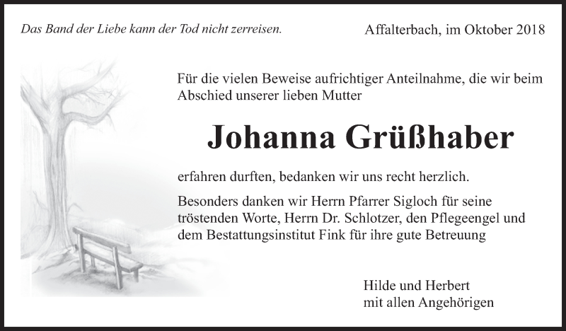  Traueranzeige für Johanna Grüßhaber vom 09.10.2018 aus Marbacher Zeitung