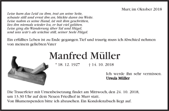 Traueranzeige von Manfred Müller von Marbacher Zeitung