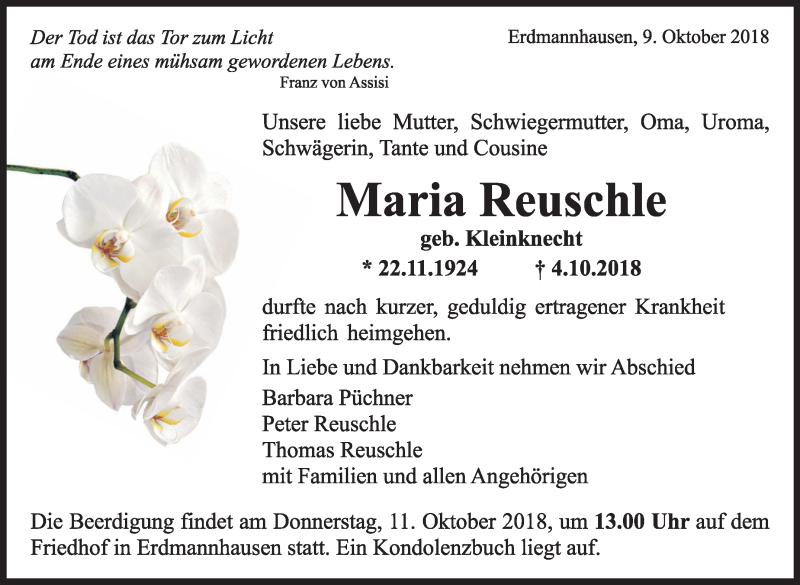  Traueranzeige für Maria Reuschle vom 09.10.2018 aus Marbacher Zeitung