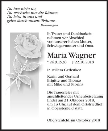 Traueranzeige von Maria Wagner von Marbacher Zeitung