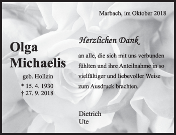 Traueranzeige von Olga Michaelis von Marbacher Zeitung