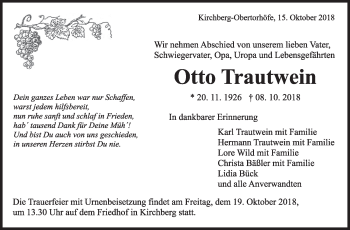 Traueranzeige von Otto Trautwein von Marbacher Zeitung