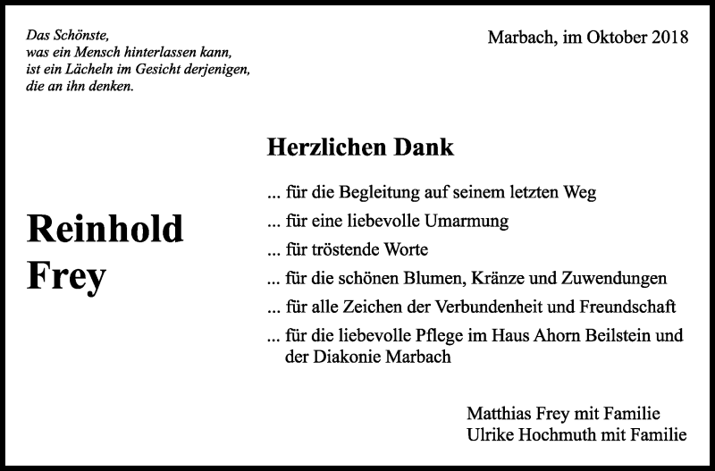  Traueranzeige für Reinhold Frey vom 08.10.2018 aus Marbacher Zeitung