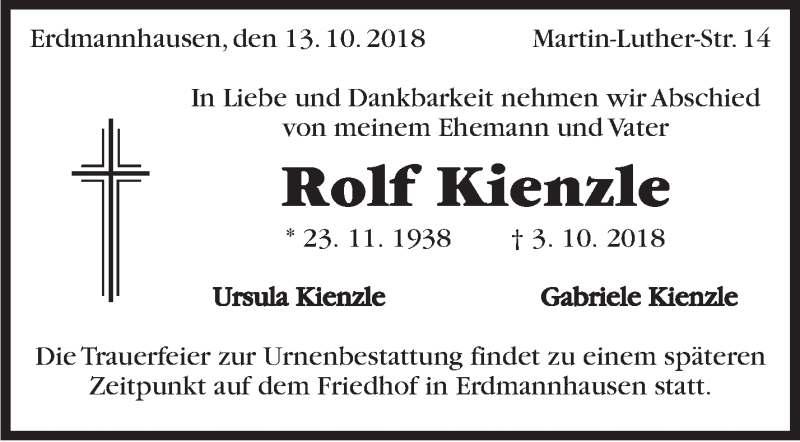 Traueranzeige für Rolf Kienzle vom 13.10.2018 aus Marbacher Zeitung