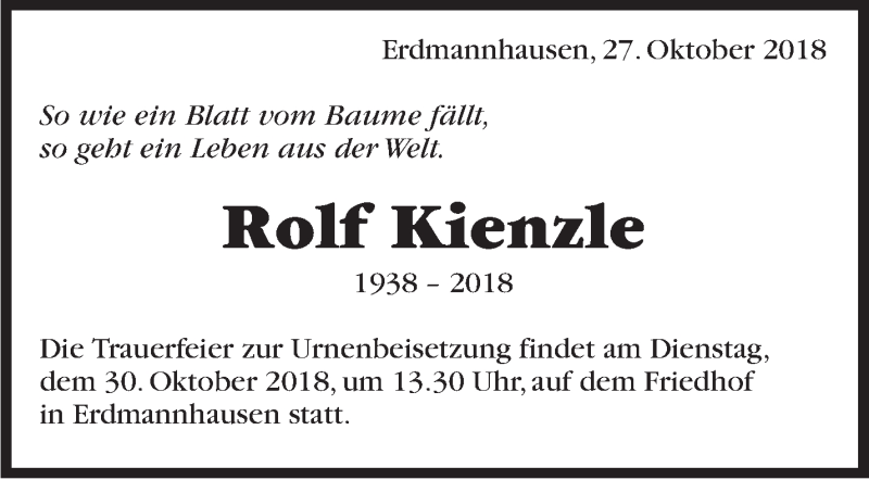  Traueranzeige für Rolf Kienzle vom 27.10.2018 aus Marbacher Zeitung