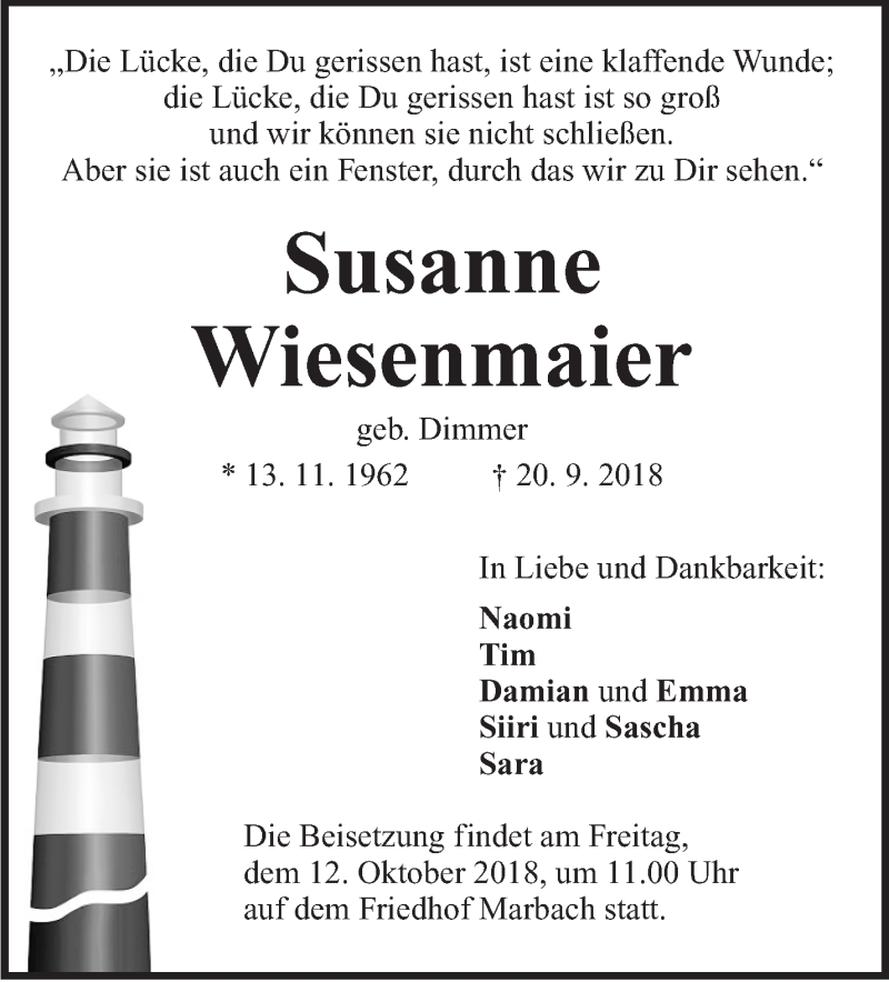  Traueranzeige für Susanne Wiesenmaier vom 06.10.2018 aus Marbacher Zeitung