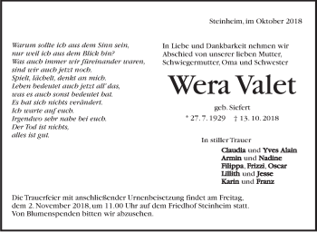 Traueranzeige von Wera Valet von Marbacher Zeitung