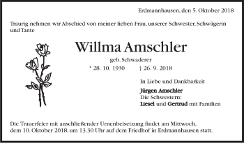 Traueranzeige von Willma Amschler von Marbacher Zeitung