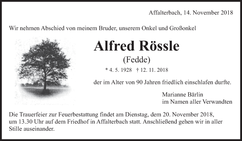  Traueranzeige für Alfred Rössle vom 14.11.2018 aus Marbacher Zeitung