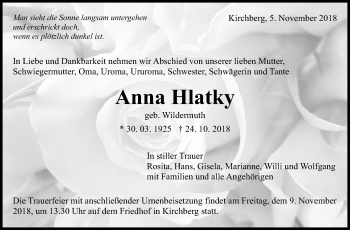 Traueranzeige von Anna Hlatky von Marbacher Zeitung