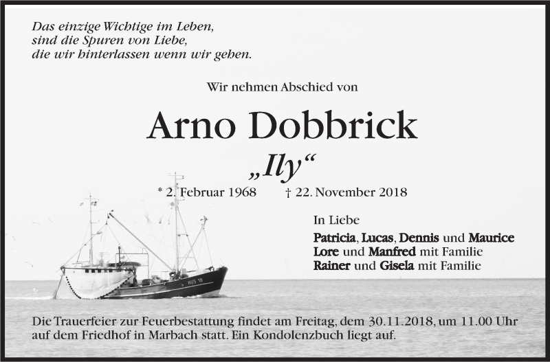  Traueranzeige für Arno Dobbrick vom 27.11.2018 aus Marbacher Zeitung