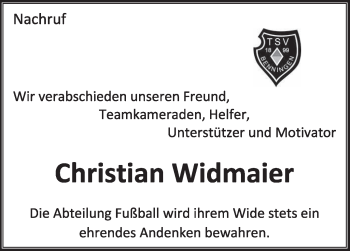 Traueranzeige von Christian Widmaier von Marbacher Zeitung