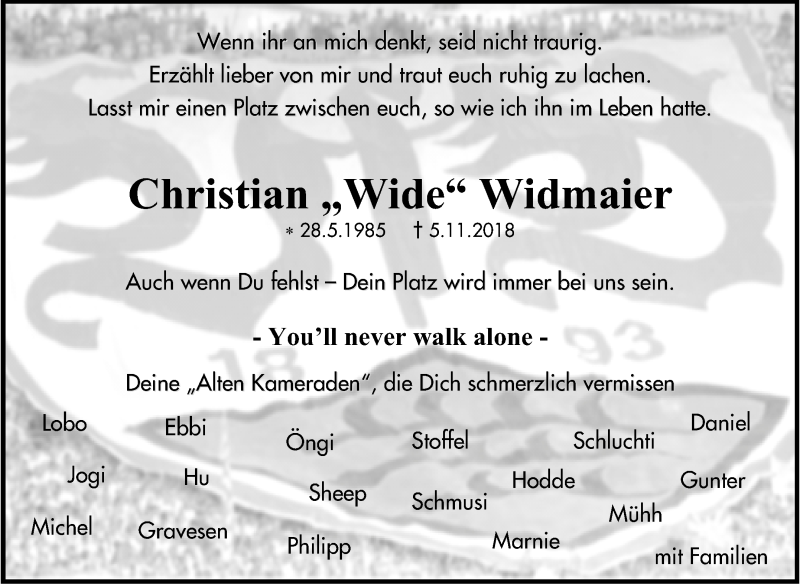  Traueranzeige für Christian Widmaier vom 09.11.2018 aus Marbacher Zeitung