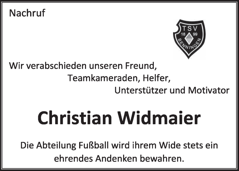  Traueranzeige für Christian Widmaier vom 16.11.2018 aus Marbacher Zeitung