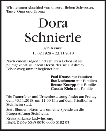 Traueranzeige von Dora Schnierle von Marbacher Zeitung