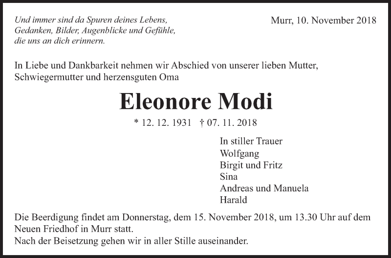  Traueranzeige für Eleonore Modi vom 10.11.2018 aus Marbacher Zeitung