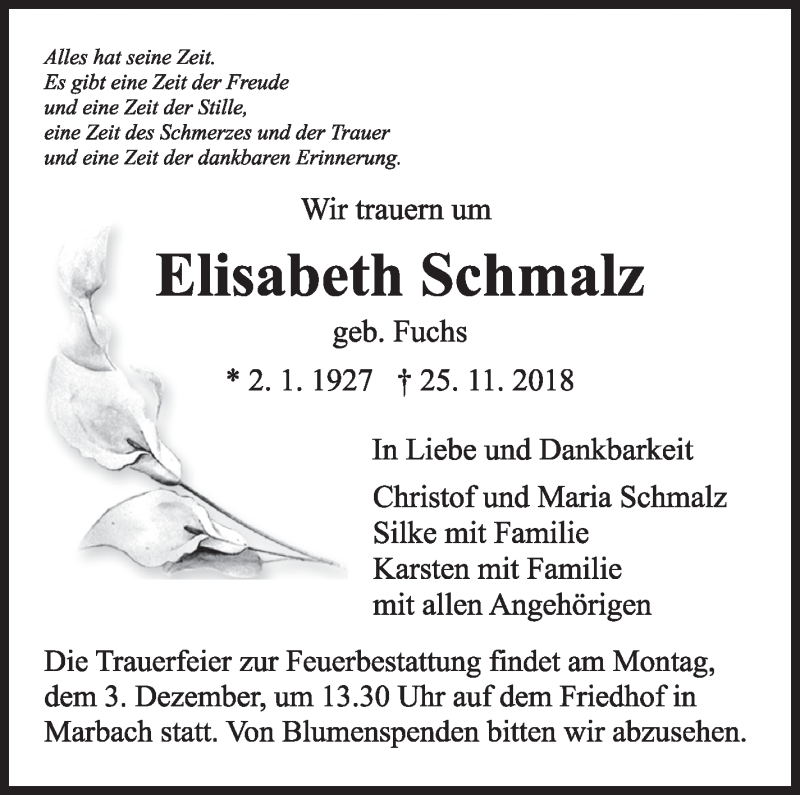  Traueranzeige für Elisabeth Schmalz vom 28.11.2018 aus Marbacher Zeitung