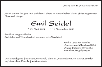 Traueranzeige von Emil Seidel von Marbacher Zeitung