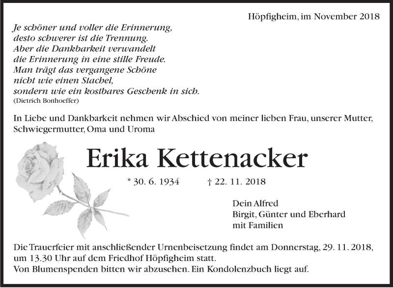  Traueranzeige für Erika Kettenacker vom 26.11.2018 aus Marbacher Zeitung