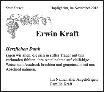 Traueranzeige von Erwin Kraft von Marbacher Zeitung