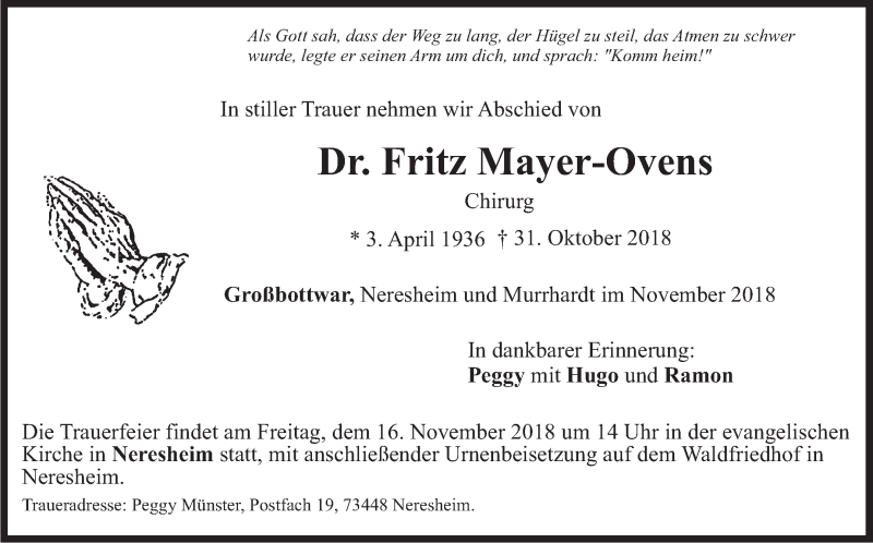  Traueranzeige für Fritz Mayer-Ovens vom 13.11.2018 aus Marbacher Zeitung
