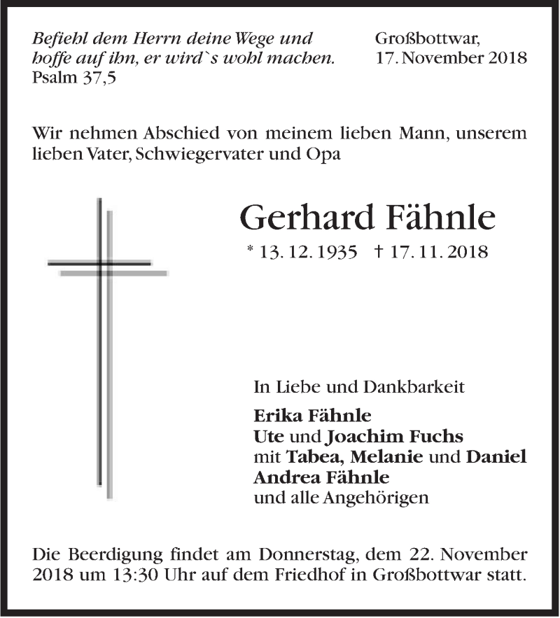  Traueranzeige für Gerhard Fähnle vom 19.11.2018 aus Marbacher Zeitung