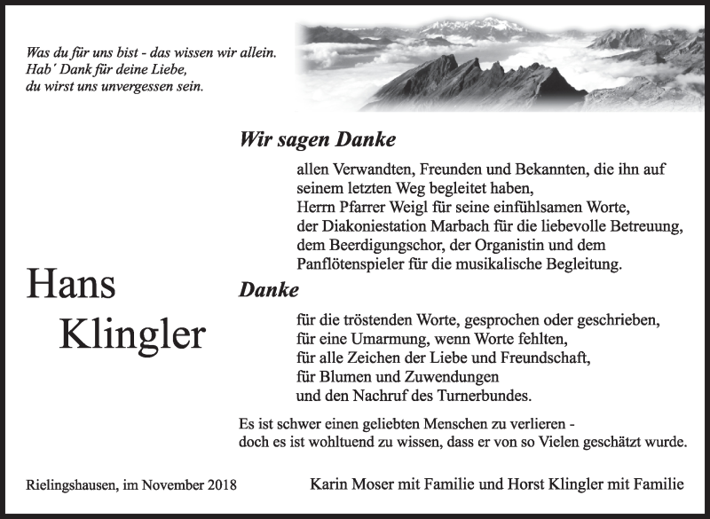  Traueranzeige für Hans Klingler vom 27.11.2018 aus Marbacher Zeitung