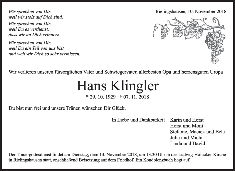  Traueranzeige für Hans Klingler vom 10.11.2018 aus Marbacher Zeitung