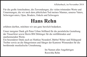 Traueranzeige von Hans Rehn von Marbacher Zeitung
