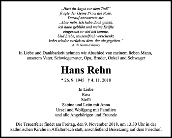 Traueranzeige von Hans Rehn von Marbacher Zeitung