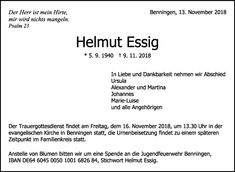  Traueranzeige für Helmut Essig vom 13.11.2018 aus Marbacher Zeitung