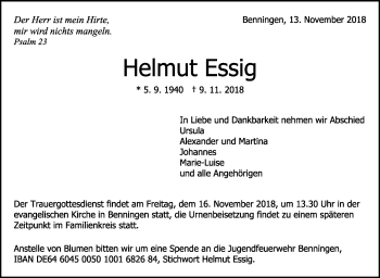 Traueranzeige von Helmut Essig von Marbacher Zeitung