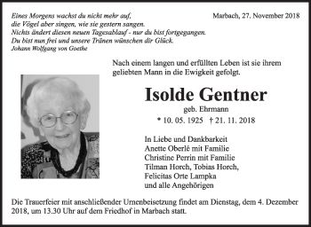 Traueranzeige von Isolde Gentner von Marbacher Zeitung