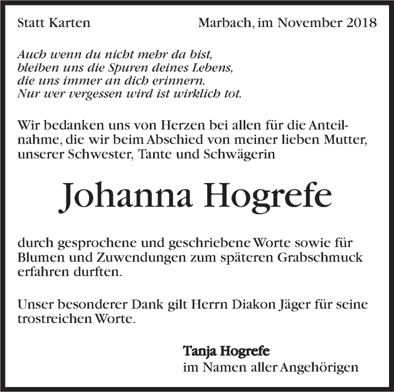  Traueranzeige für Johanna Hogrefe vom 29.11.2018 aus Marbacher Zeitung