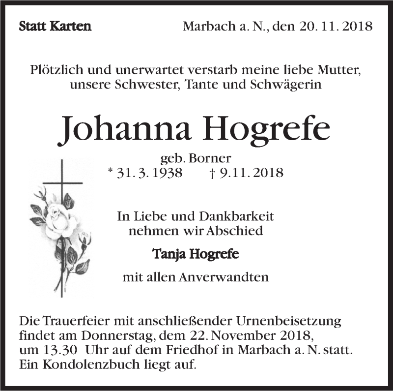  Traueranzeige für Johanna Hogrefe vom 20.11.2018 aus Marbacher Zeitung