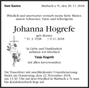Traueranzeige von Johanna Hogrefe von Marbacher Zeitung
