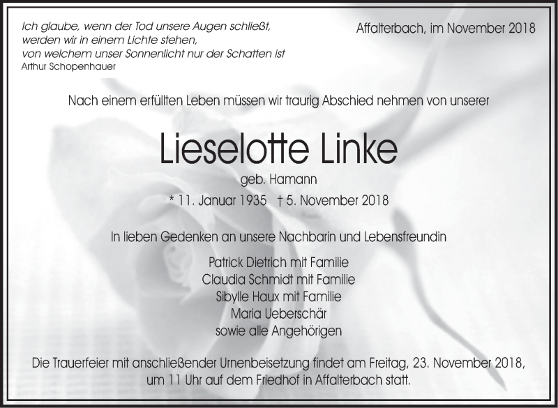  Traueranzeige für Lieselotte Linke vom 19.11.2018 aus Marbacher Zeitung