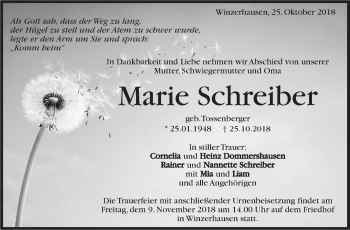 Traueranzeige von Marie Schreiber von Marbacher Zeitung