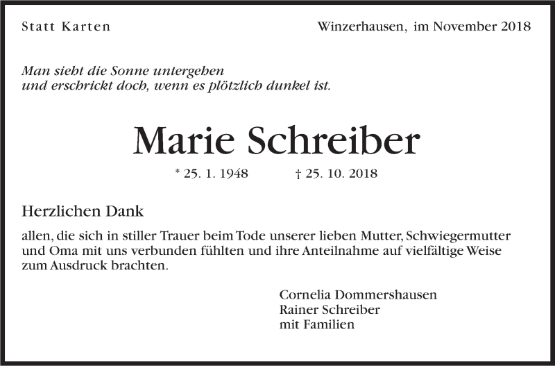  Traueranzeige für Marie Schreiber vom 24.11.2018 aus Marbacher Zeitung