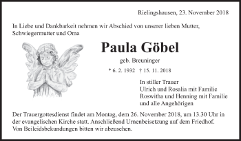 Traueranzeige von Paula Göbel von Marbacher Zeitung