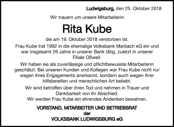 Traueranzeige von Rita Kube von Marbacher Zeitung