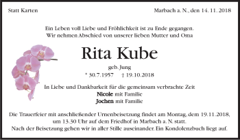 Traueranzeige von Rita Kube von Marbacher Zeitung
